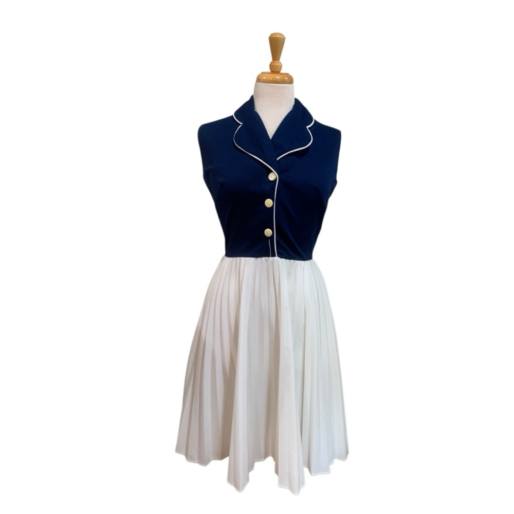 Vntg 70’s Women's sleeveless Navy & White pleated skirt Midi Dress Size 10